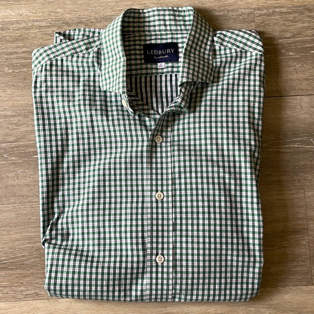 Ledbury | Men’s Green Check Dress Shirt | Sz L 17 in neck 43 cm sleeve